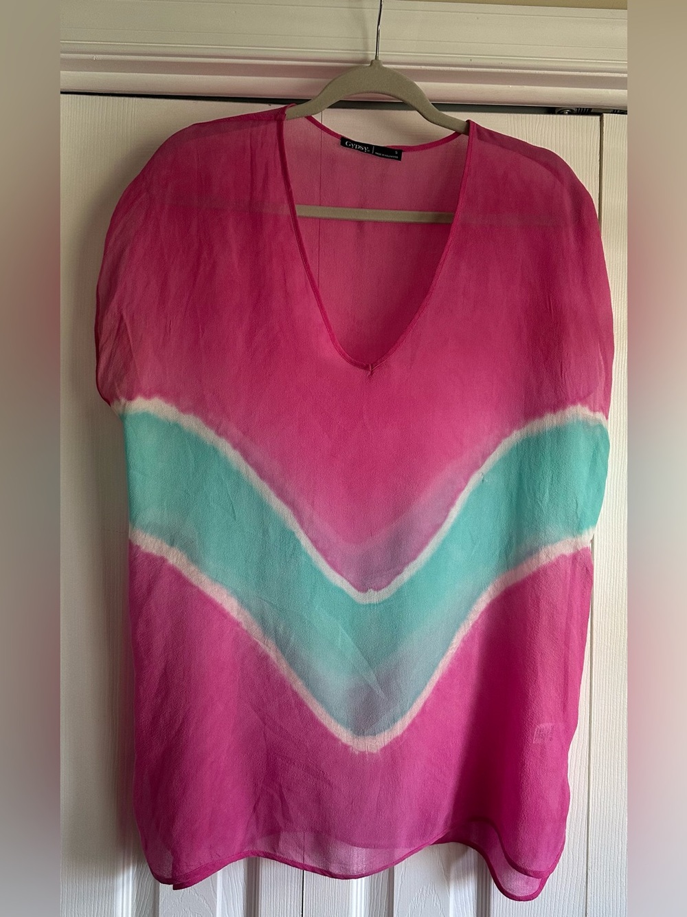 Gypsy 05 100% silk oversized tunic, pink with turquoise accent, women’s s S